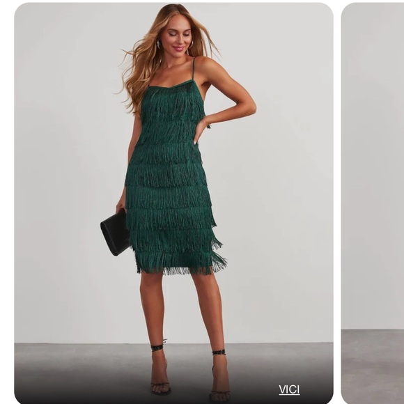NWT! Vici Women's Speakeasy Tiered Fringe Midi Dress SMALL Dark Green - Picture 2 of 2